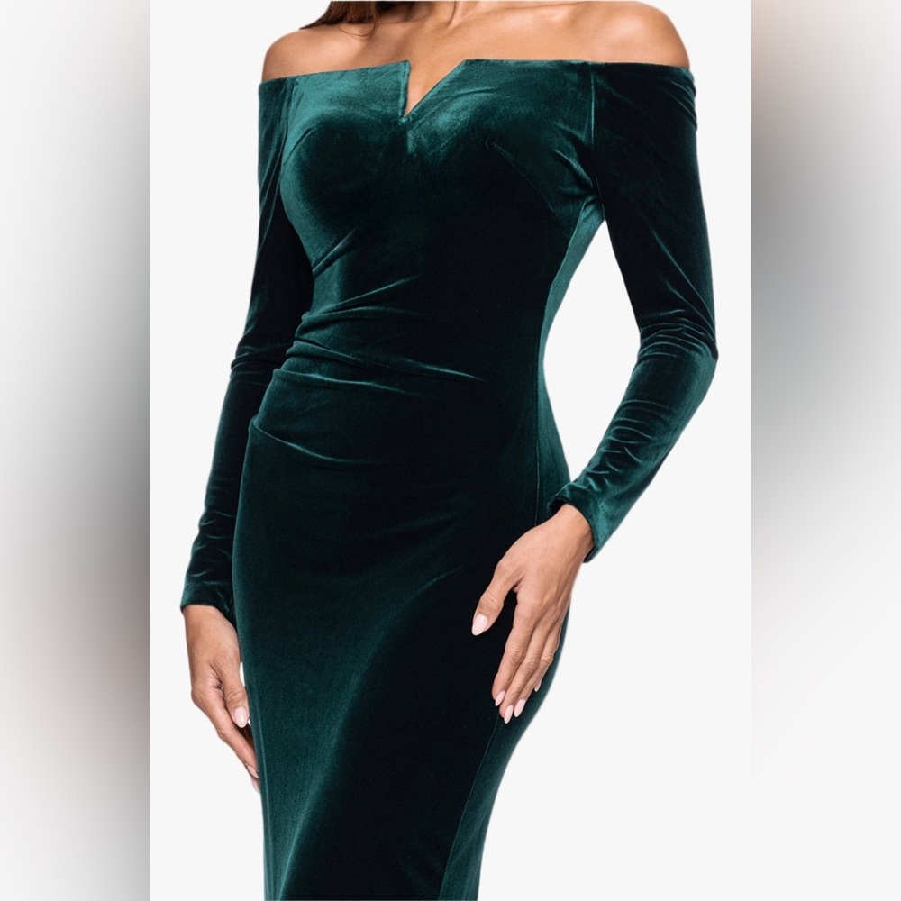 Xscape Off-Shoulder Velvet Dress in Deep Green - Picture 5 of 9